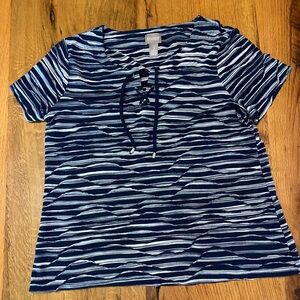 Chico’s Top w/ Navy Blue & White Wavy Stripes, Lace Tie at Neckline, Sz Medium